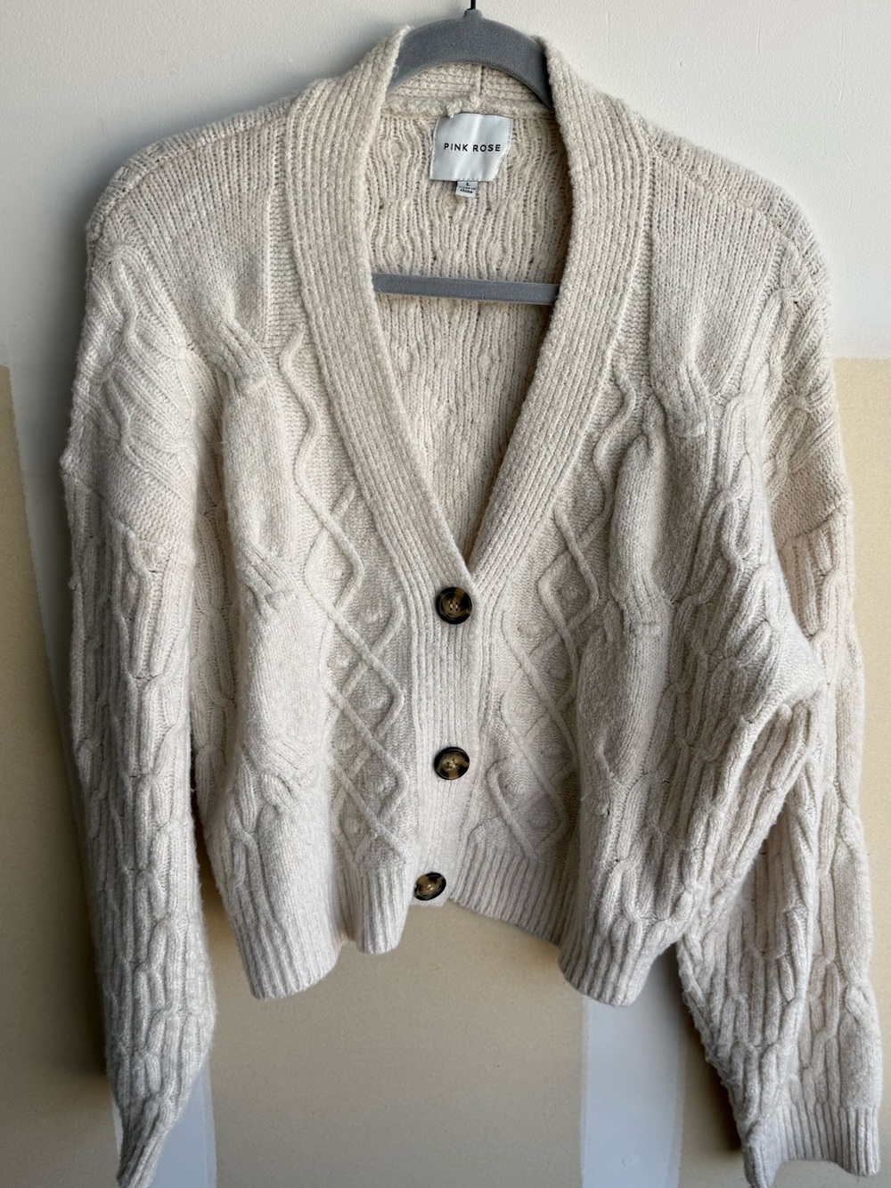 Pink Rose Ivory Cable Knit Button-Up Cardigan